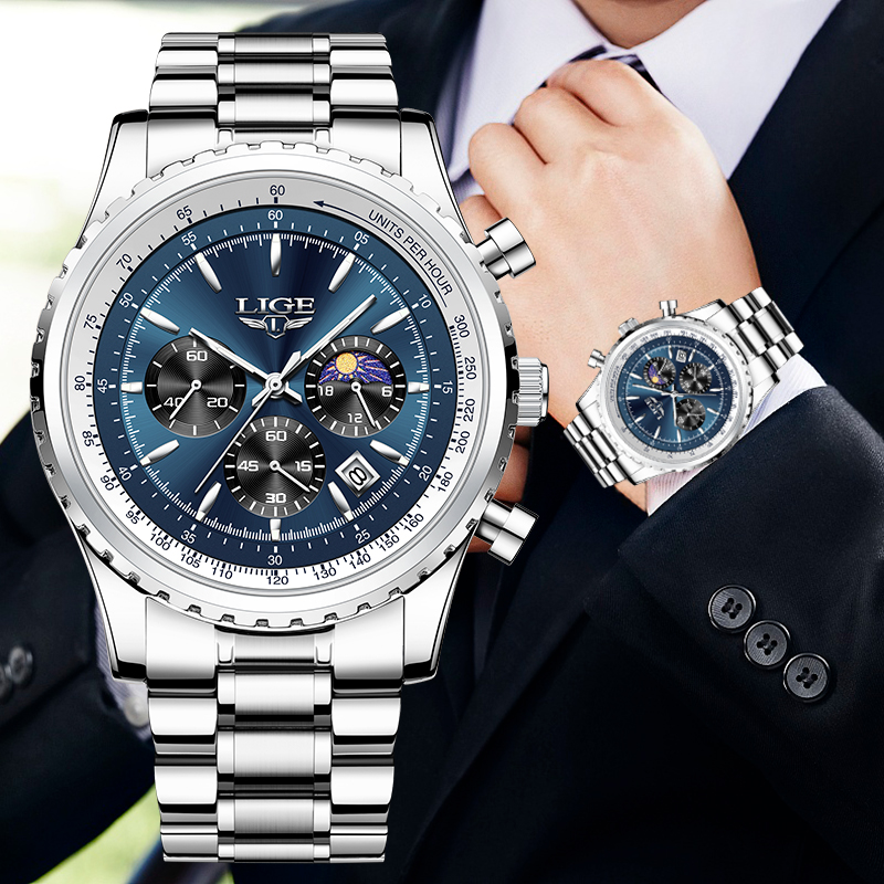 Luxury Watch Investment - Lige-メンズラグジュアリークォーツ時計、月のフェーズ、ステンレス、カジュアル、スポーツ、防水、日付、素晴らしい腕時計、ブランド