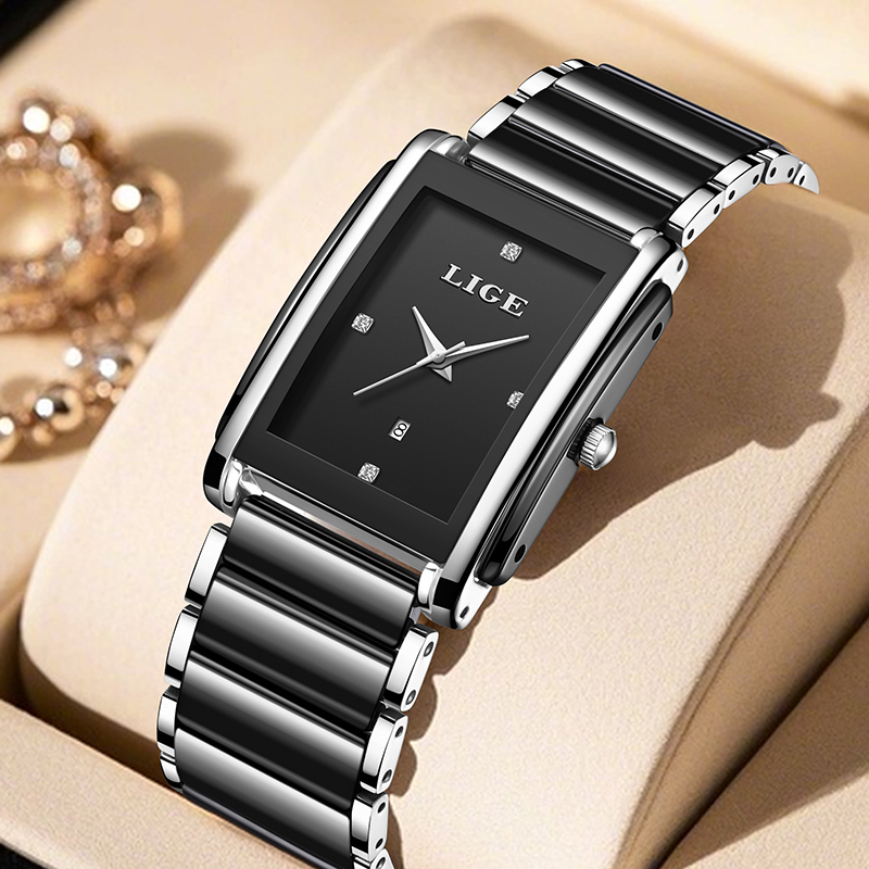 Luxury Watch Gift Box - LIGE 新しい高級女性腕時計エレガントなセラミッククォーツ腕時計防水日付ファッションギフト女性のための腕時計 Relojs Mujer + ボックス