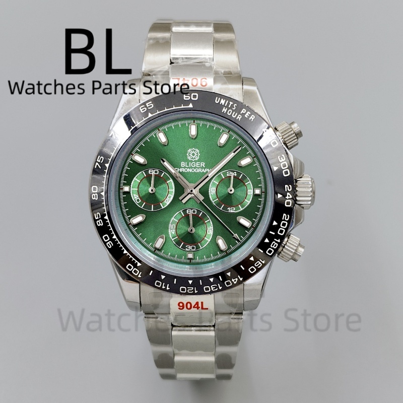 Luxury Watch With Green Dial - BLIGER 39 ミリメートル高級グリーンダイヤルクロノグラフ VK63 メンズ腕時計リロイ Hombre
