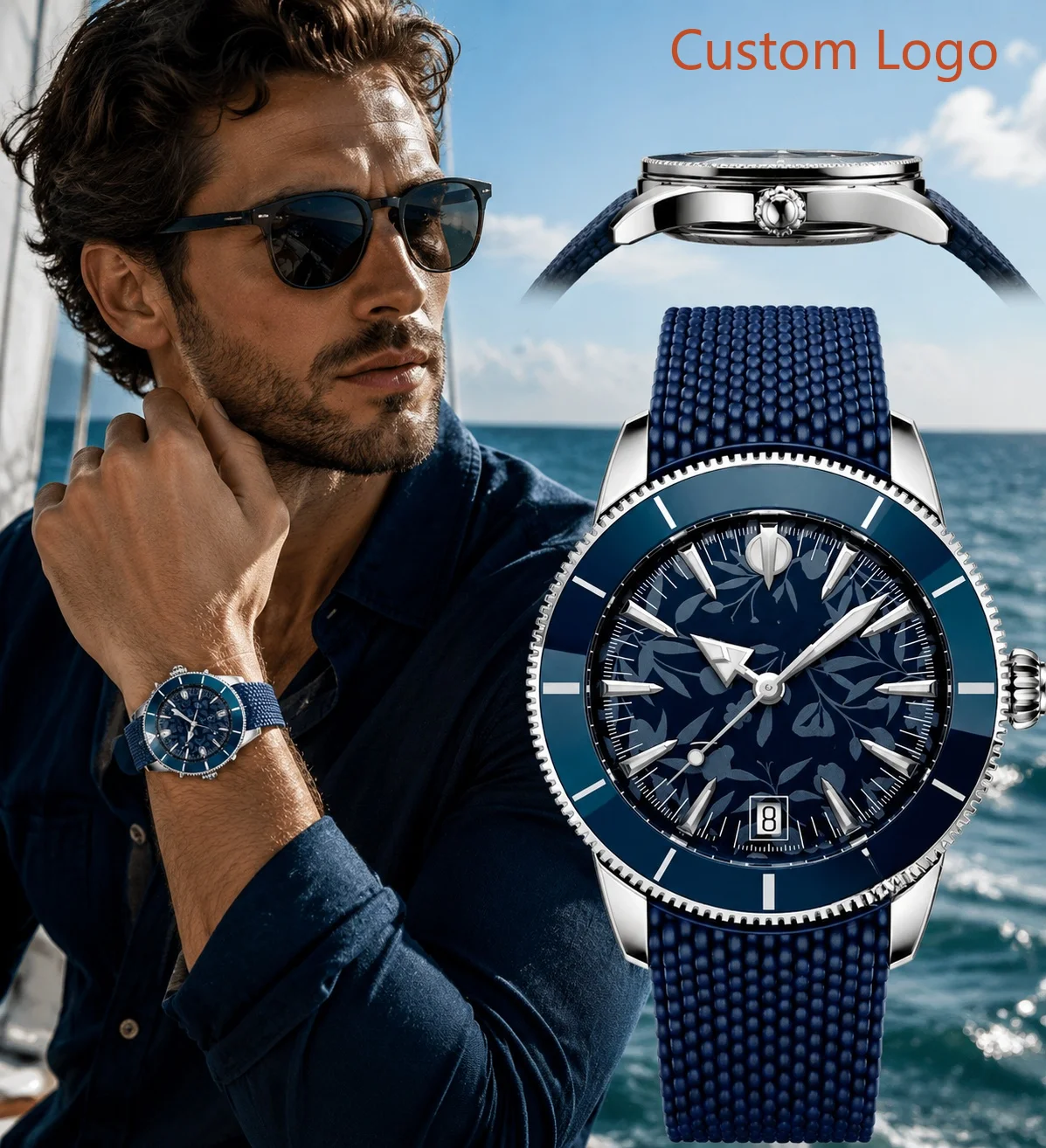 Luxury Watch Strap - 男性用46mmダイビング自動巻き腕時計、回転式ブルーセラミックベゼル、ユニークな花柄文字盤、ネイビーブルーのテクスチャードラバーストラップ、防水、アウトドアスポーツ、男性用機械式カスタムウォッチ