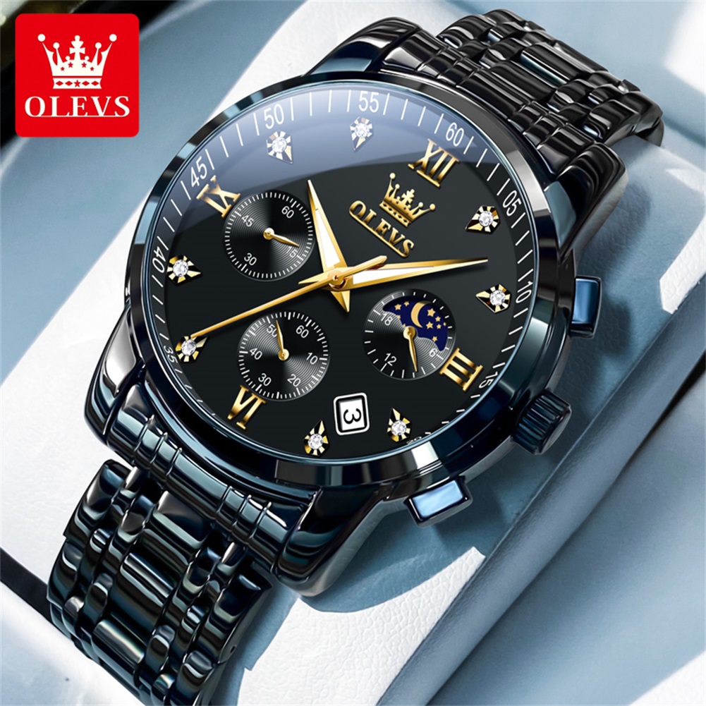 Luxury Quartz Watch Brands - OLEVS 人気のメンズ腕時計ステンレススチールブラックムーンフェイズクロノグラフクォーツ時計男性日付オリジナルブランド腕時計