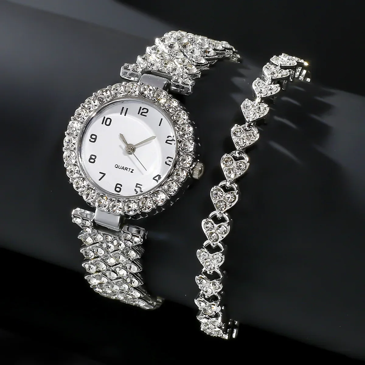 Luxury Watch Strap - 1 個/2 個高級ファッション女性腕時計セットシルバーストラップレディースクォーツ腕時計合金ブレスレット女性のためのジュエリーセット時計ギフト
