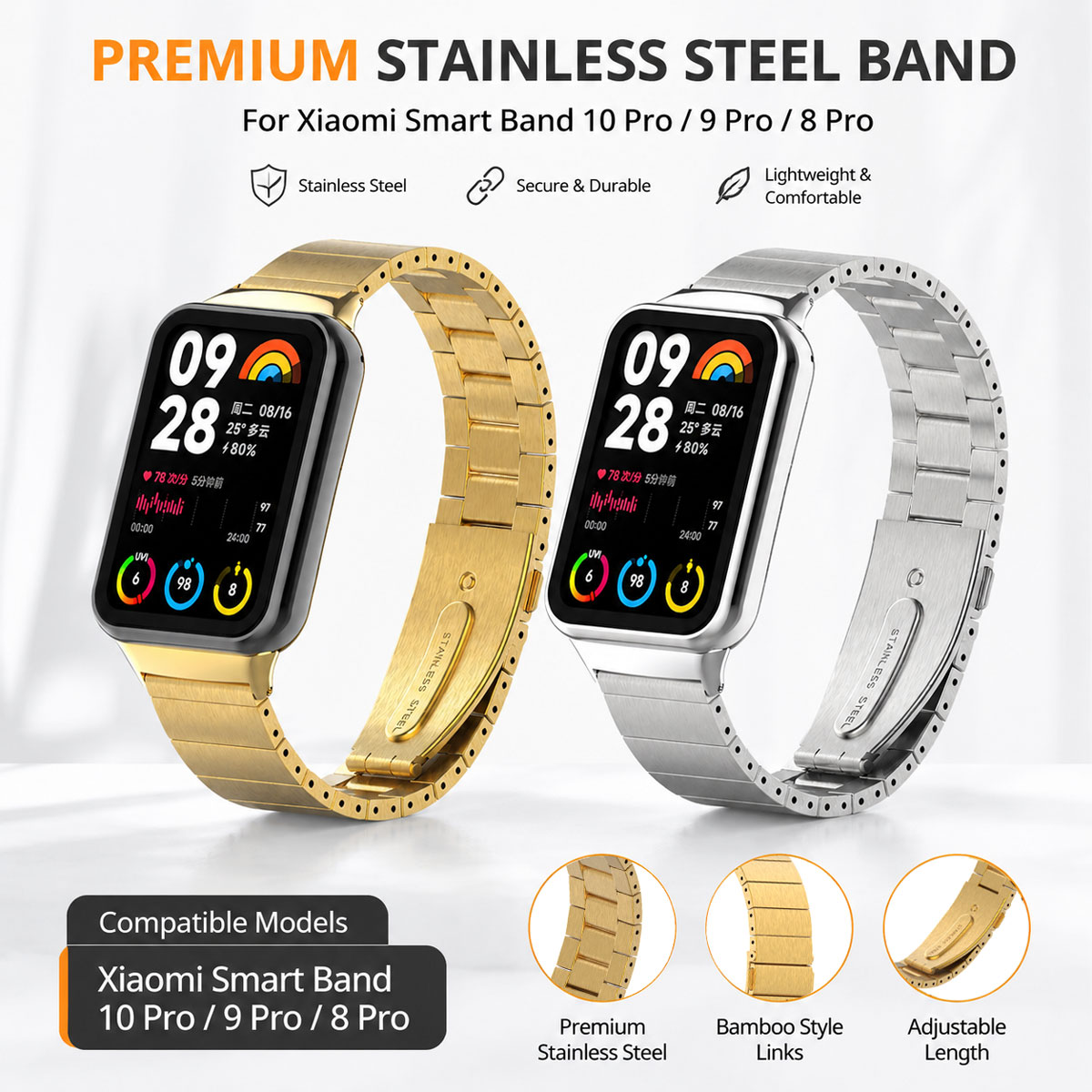 Xiaomi Luxury Watch - Xiaomi Band 10 Pro/9 Pro/8 Pro用メタルステンレススチールストラップ、高級調整可能竹製リンクウォッチリストバンドブレスレット