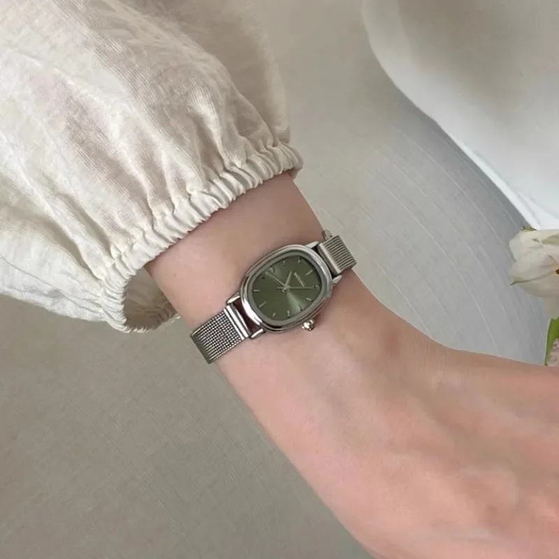 Luxury Watch Casio - 小さなオーバルダイヤルグリーン腕時計シンプルなステンレス鋼レディース腕時計ブランドの女性の高級ギフトクォーツ時計ドロップシッピング