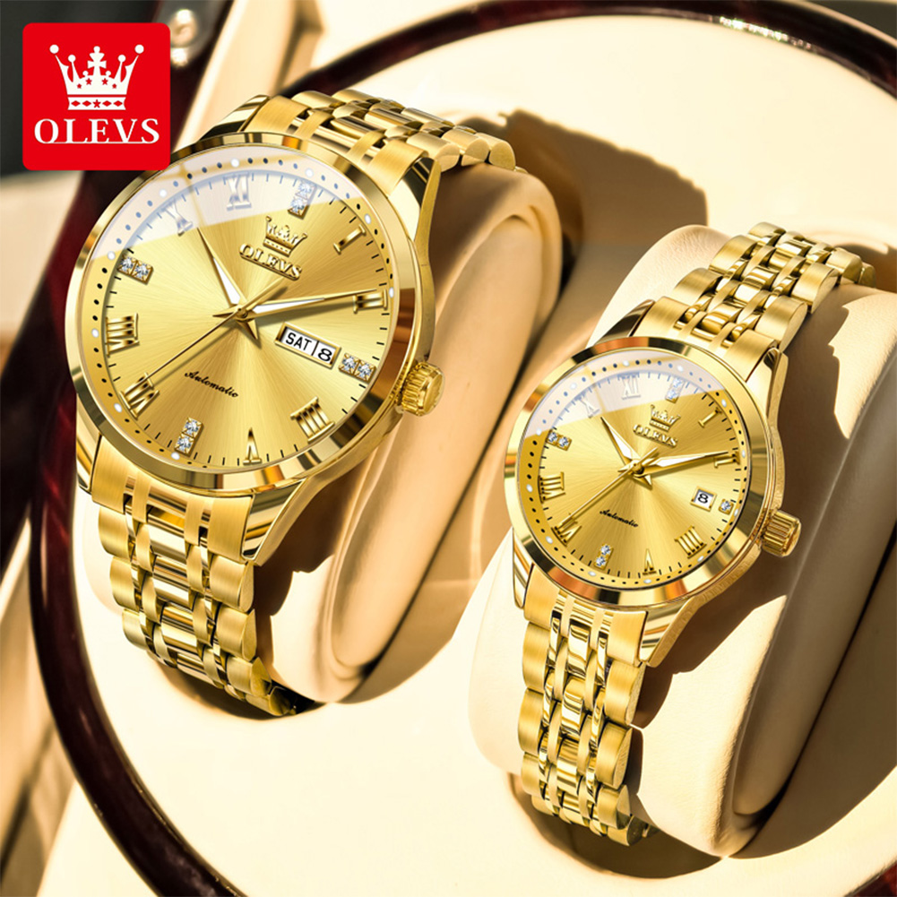 Luxury Watch All Brands - OLEVS カップルウォッチブランドの高級ゴールド全自動機械式時計エレガントなロマンチックな日付ドレス男性女性ブレスレットカップルウォッチ