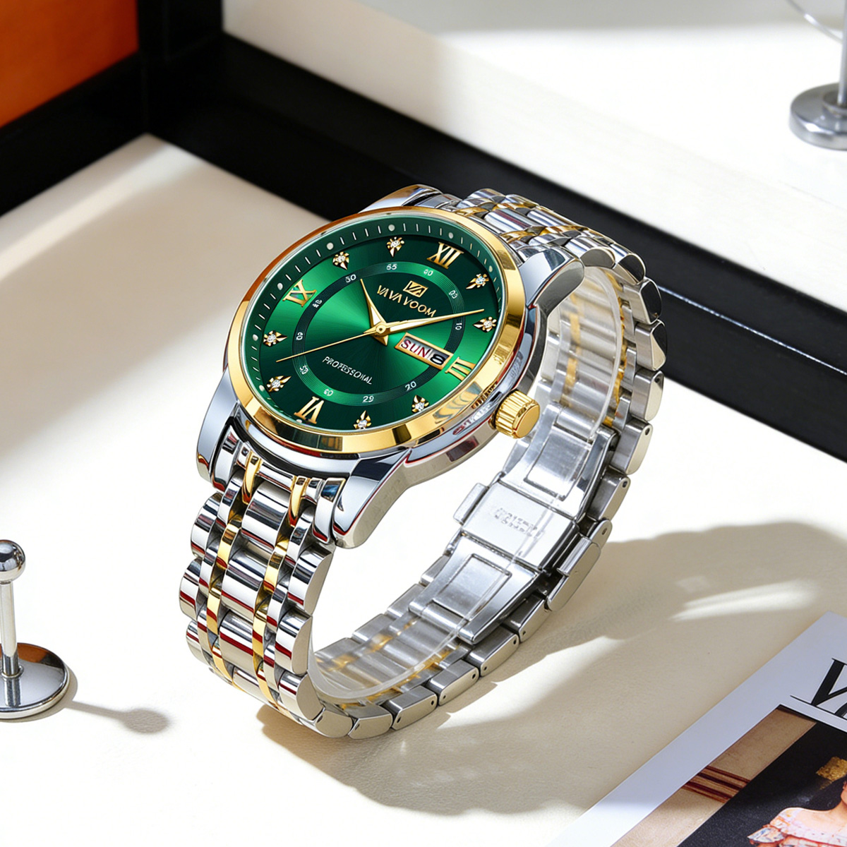 高級ラインストーンゴールドリングステンレススチール腕時計、4 - Luxury Watch With Green Dial のレビューと価格