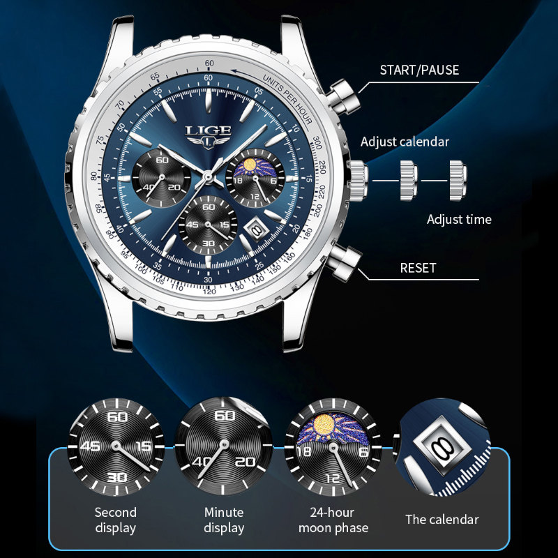Lige-メンズラグジュアリークォーツ時計、月のフェーズ、ス - Luxury Watch Investment のレビューと価格