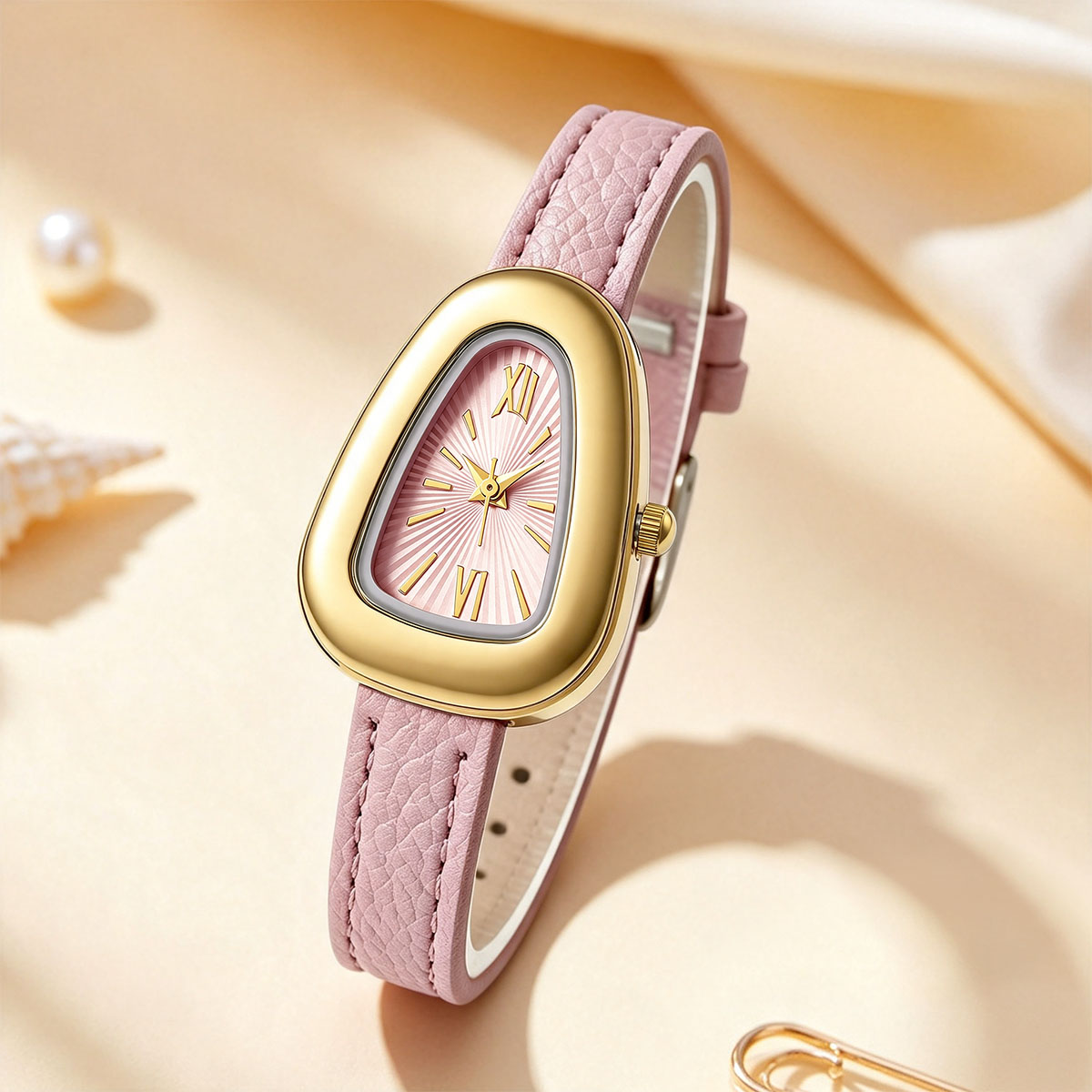 不規則な楕円形のクォーツ時計、ローマ数字、薄い革製ストラップ - Watch Triangle Luxury のレビューと価格
